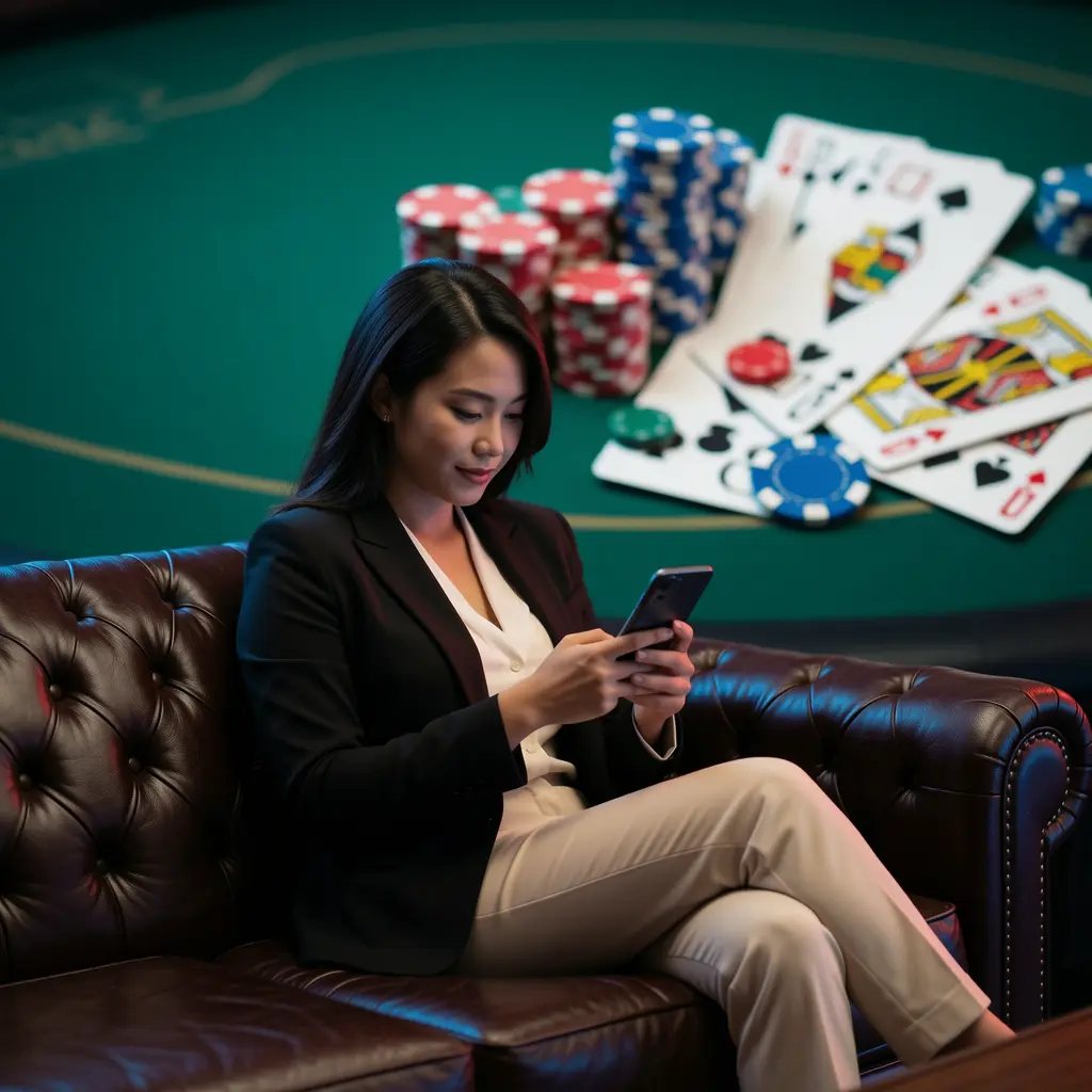VS96 App – Enjoy smooth and immersive mobile casino gameplay in Malaysia Stylish Malaysian woman relaxing on a sofa while using the VS96 casino app with glowing poker chips and cards behind her